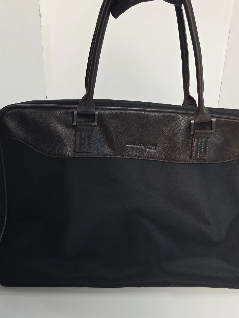 Kenneth Cole Black Nylon Weekender With Brown Leather Trim and Detachable Strap